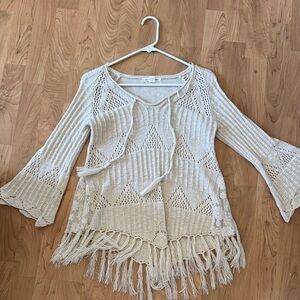 Double Zero Cream Crochet Fringe Tie-Front Sweater
